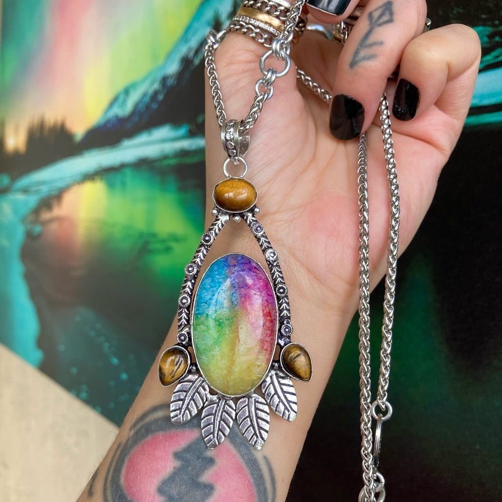 925 sterling silver overlay Rainbow solar quartz tiger eye stone charm necklace - Picture 12 of 13